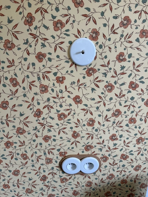 Interrupteur et prise électrique sur papier peint à motifs floraux dans la chambre Le Genêt à La Grange Aux Étangs, Sennely