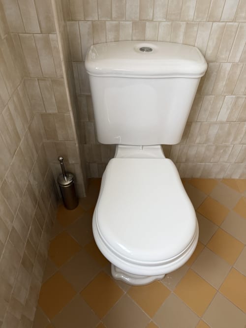 Toilettes blanches deux-pièces dans la salle de bain accessible de La Grange Aux Etangs, Sennely