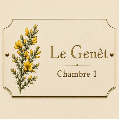 Pancarte de la chambre Le Genêt à La Grange Aux Etangs B&B à Sennely, illustrée de fleurs de genêt jaune