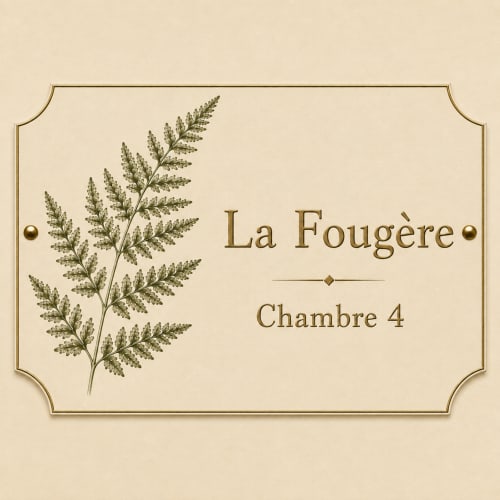 Plaque de la chambre La Fougère à La Grange Aux Etangs, gîte de charme à Sennely, France, avec illustration botanique de fougère