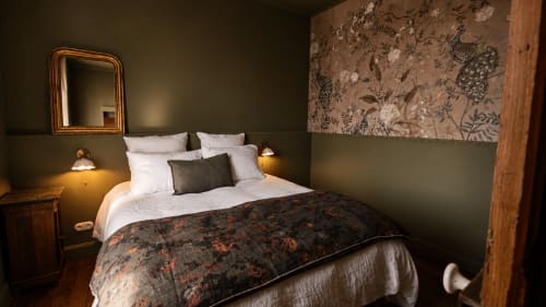 Peacock room at La Maison 1903 B&B in Trévou-Tréguignec with garden-view bedroom, elegant dark walls, and ornate mirror