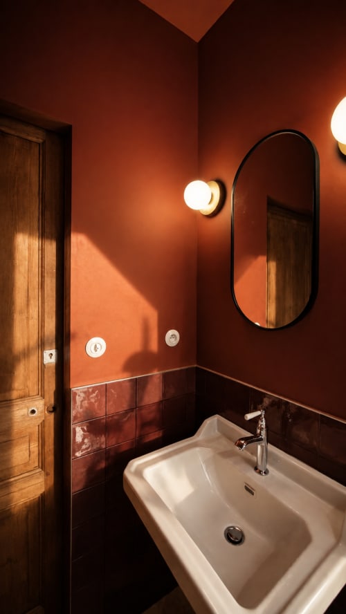 Salle de bain moderne à La Maison 1903 avec murs orange brûlé, lavabo blanc et miroir à cadre noir
