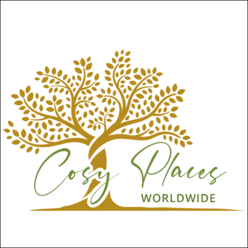 Logo Cosy Places Worldwide avec un arbre doré et texte vert pour l'hôtel Eucalyptus à Essaouira