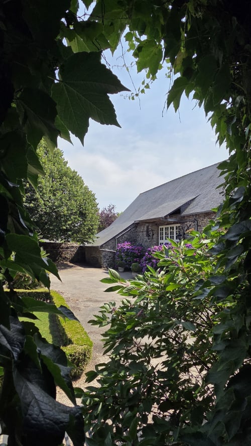 Allée du jardin clos du Manoir de la Bégaudière à Mont-Dol, bâtiment en pierre avec fleurs violettes