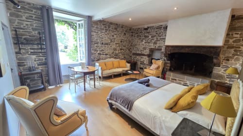 Spacieux appartement au Manoir de la Bégaudière avec cheminée en pierre, vue sur jardin et mobilier moderne