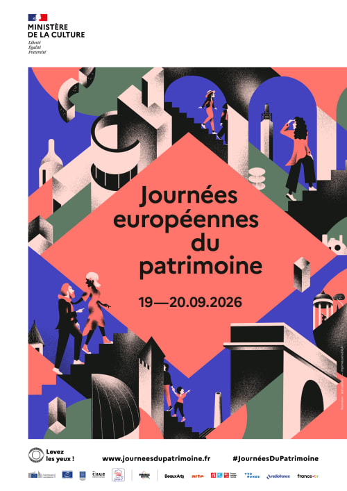 Affiche des Journées européennes du patrimoine 2026 mettant en vedette les sites culturels et monuments historiques de France