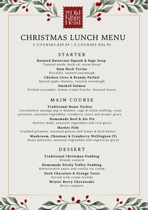 The Old Kings Head Christmas lunch menu featuring starters, mains, and desserts with festive red berry decorations