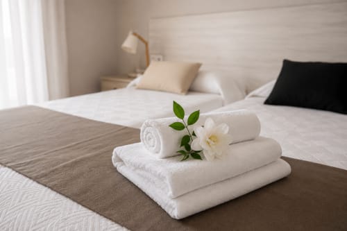 Toallas blancas enrolladas con flor blanca y hojas verdes sobre la cama en el hotel Muro 13 El Mirador del Espolón en Logroño