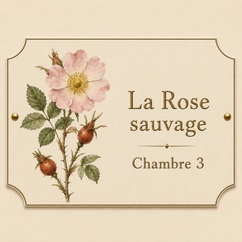 Illustration botanique vintage de rose sauvage aux pétales roses pour la chambre 3 de La Grange Aux Etangs à Sennely