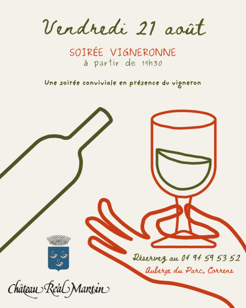 Affiche d'événement soirée viticole à l'Auberge du Parc de Correns avec illustrations de bouteille et verre de vin