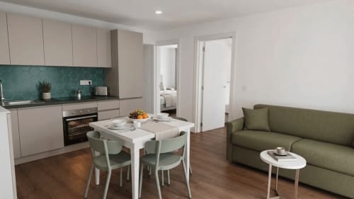 Moderno estudio diáfano en Fly High, Morro Jable con cocina, comedor y sala con vistas al mar