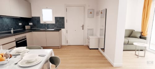 Moderne Küche und Essbereich im Apartment Fly High, Morro Jable, mit ausgestatteter Kitchenette und Wohnzimmeraussicht