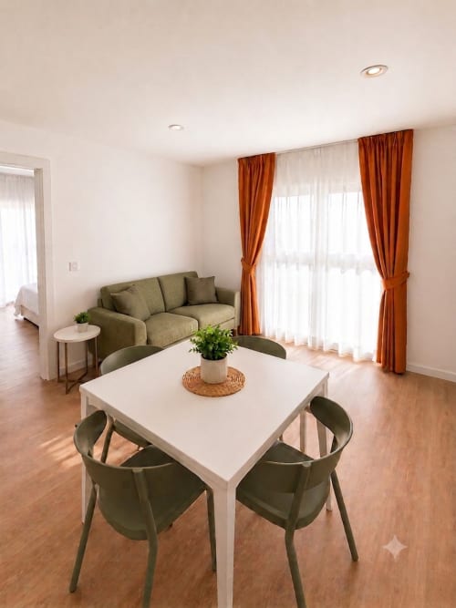 Modernes Wohnzimmer in Morro Jable mit Esstisch, grünen Stühlen, Sofa und Meerblick durch orange Vorhänge