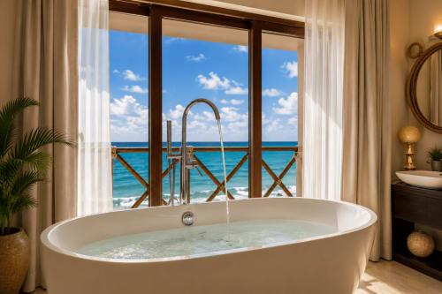 Luxury oceanfront bathtub at Casa Javi Isla Mujeres with turquoise sea views, modern fixtures, and beachfront balcony