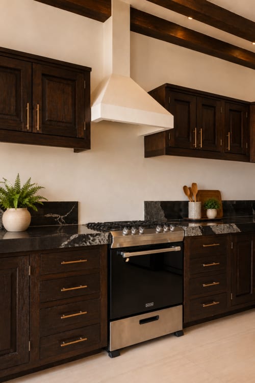 Modern kitchen with dark wood cabinets, black marble countertops, and stainless steel appliances at Casa Javi Ocean Front,