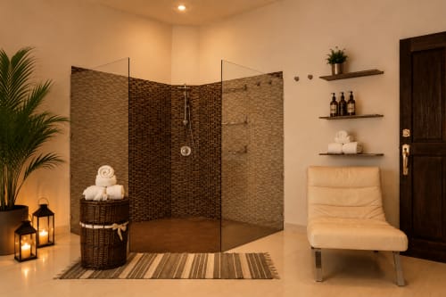Luxurious spa bathroom at Casa Javi with walk-in shower, heated towel racks, and relaxation lounge at Isla Mujeres resort