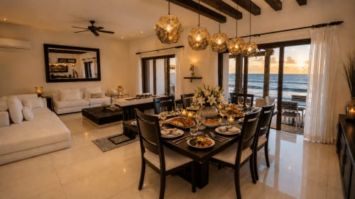 Oceanfront dining room with black table, golden pendant lights, beige seating, and sunset sea views at Casa Javi, Isla