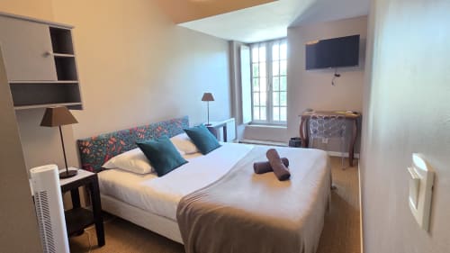 Chambre lumineuse au Manoir de la Bégaudière avec lit queen-size, tête de lit colorée, TV et vue sur le jardin