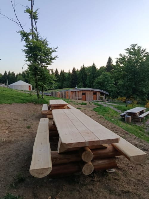 Tables de pique-nique rustiques en bois dans la clairière de La Yourte Un Autre Monde, Le Hohwald, avec grange et forêt en arrière-plan