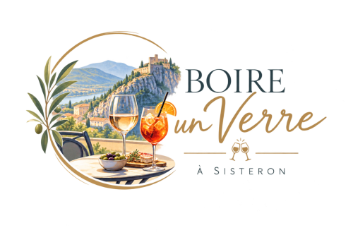 Boire un Verre wine bar logo for Le Clos Androne hotel in Sisteron with castle, wine glasses and olives