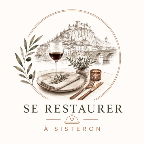 Elegant dining setup with wine glass, plate, and olive branches overlooking Sisteron castle and bridge