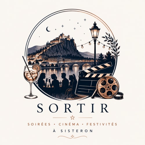 SORTIR events poster featuring Sisteron castle, wine glass, and film reel for Le Clos Androne hotel
