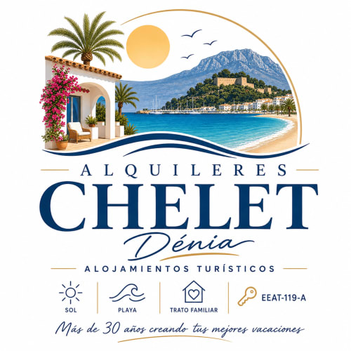 Logo de Chelet Alquileres Denia con villa mediterránea, veleros, castillo y costa soleada