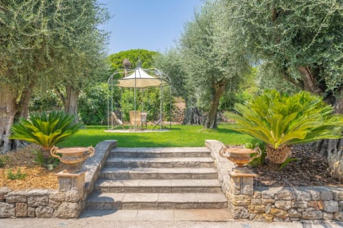 Elegant Mediterranean garden with stone steps, gazebo seating, and olive trees at Villa M de Mas in Grasse