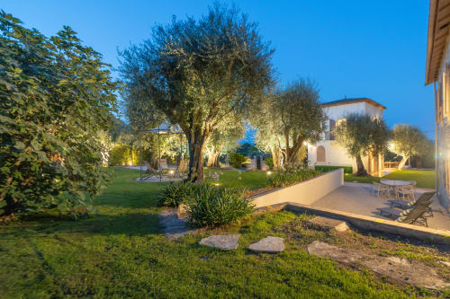 Illuminated villa garden at dusk with olive trees, manicured lawn, lounge chairs, and Mediterranean architecture in Grasse