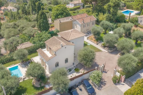 Aerial view of Villa M de Mas with private pool, terrace, and parking in Grasse, French Riviera