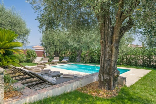 Luxurious pool area at M Résidences et Hôtels with turquoise water, sun loungers, ancient olive trees, and Mediterranean