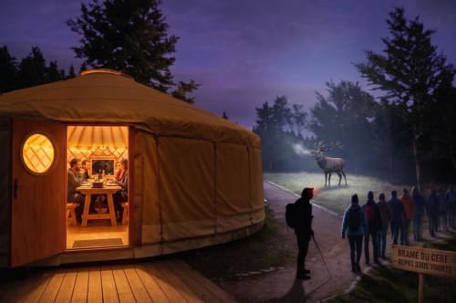 Yourte illuminée à La Yourte Un Autre Monde au Hohwald, clients observant la faune à la tombée du jour