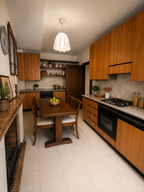 Spacious kitchen-dining area in Venice luxury apartment with wooden cabinets, granite counters, and dining table