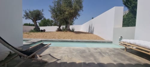 Pátio com vista para o jardim da Monte Falperras B&B Mourão, com espreguiçadeiras, piscina turquesa e oliveiras