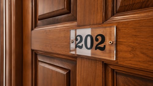 Placa de puerta de madera de la Habitación 202 en el hotel Matzuri Nekazalturismoa en Mutriku, España
