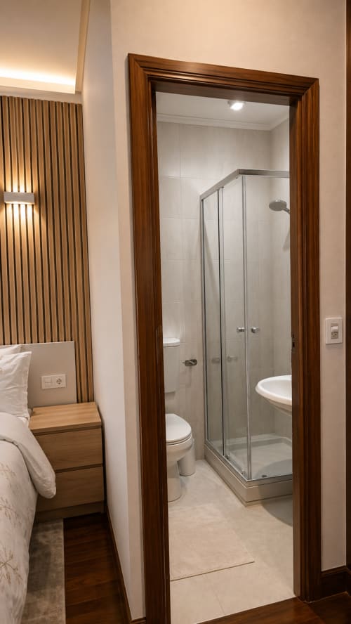 Baño moderno en suite de Matzuri Nekazalturismoa con mampara de ducha de cristal, inodoro y paredes de azulejos blancos