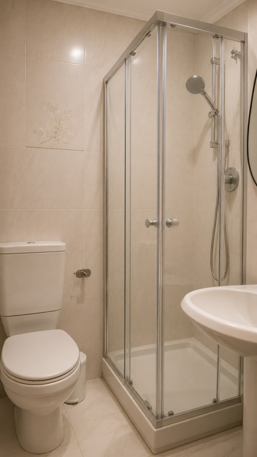 Baño moderno con mampara de ducha de cristal, inodoro blanco y lavabo redondo en habitación del hotel Matzuri, Mutriku