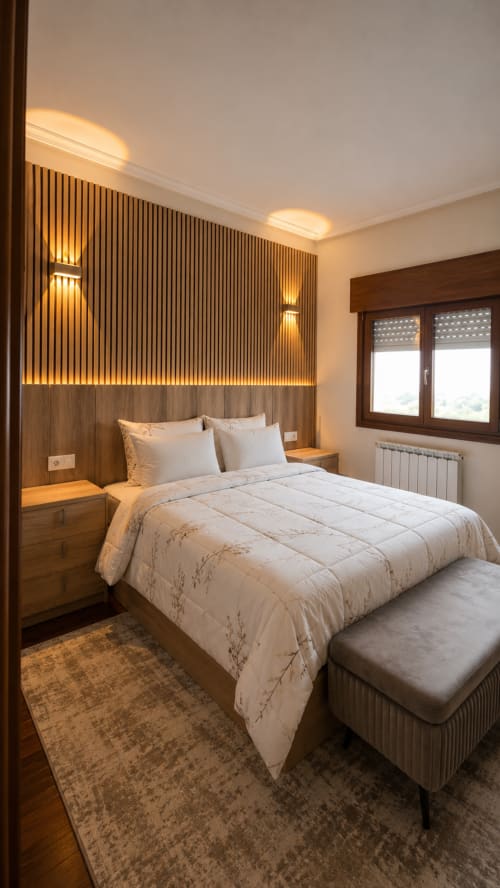 Dormitorio moderno en Matzuri Nekazalturismoa con cabecero de madera, iluminación cálida, ventana con vista al mar y mobiliario contemporáneo