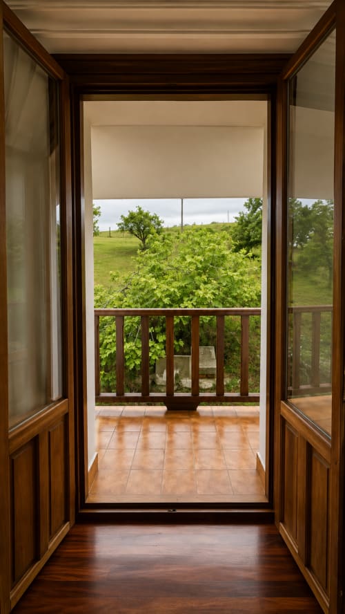 Puertas francesas abiertas que revelan una terraza con vistas al paisaje rural en MATZURI NEKAZALTURISMOA, Mutriku