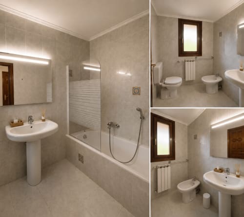 Baño moderno con bañera, lavabo de pedestal, bidet y ducha con mampara de cristal en Matzuri Nekazalturismoa, Mutriku