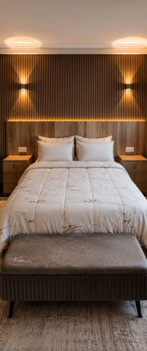 Habitación moderna en Matzuri Agroturismo de Mutriku con pared de madera, iluminación contemporánea y balcón con vistas al mar