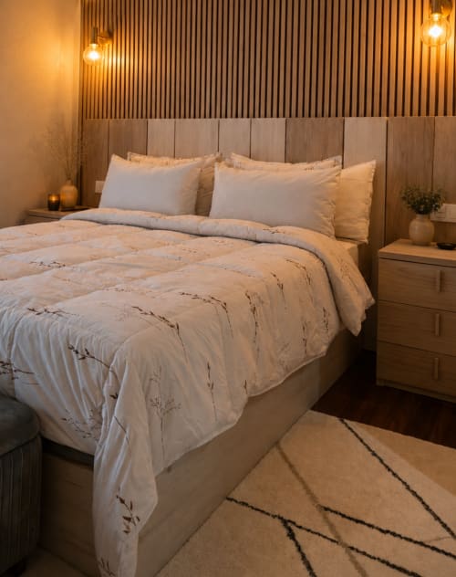 Dormitorio moderno en MATZURI NEKAZALTURISMOA en Mutriku con elegante ropa de cama beige, cabecero de madera, iluminación ambiental y