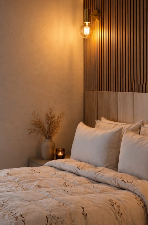 Moderno dormitorio en MATZURI NEKAZALTURISMOA con ropa de cama beige, iluminación colgante, paneles de madera y decoración minimalista