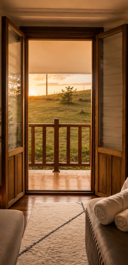 Puertas francesas abiertas revelando vistas montañosas desde el balcón del Hotel Matzuri al atardecer, Mutriku España
