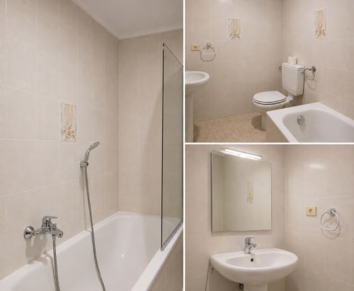Baño moderno en MATZURI NEKAZALTURISMOA con accesorios blancos, paredes alicatadas, bañera con ducha, inodoro, lavabo y espejo