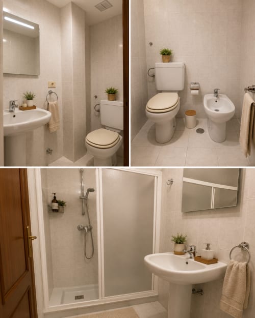 Modernos accesorios de baño en MATZURI NEKAZALTURISMOA de Mutriku con azulejos blancos, lavamanos de pedestal, inodoro, bidé y ducha.