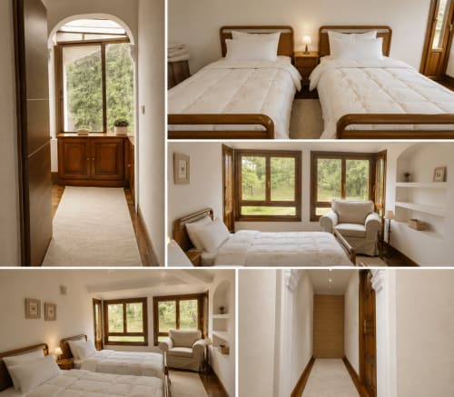 Habitación 205 en Matzuri Nekazalturismoa de Mutriku con camas gemelas, vistas a la montaña y comodidades modernas