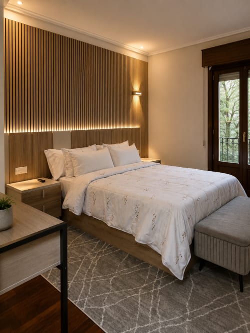 Habitación moderna en MATZURI Agroturismo con cama de madera, iluminación integrada, balcón con vista al mar y mobiliario contemporáneo