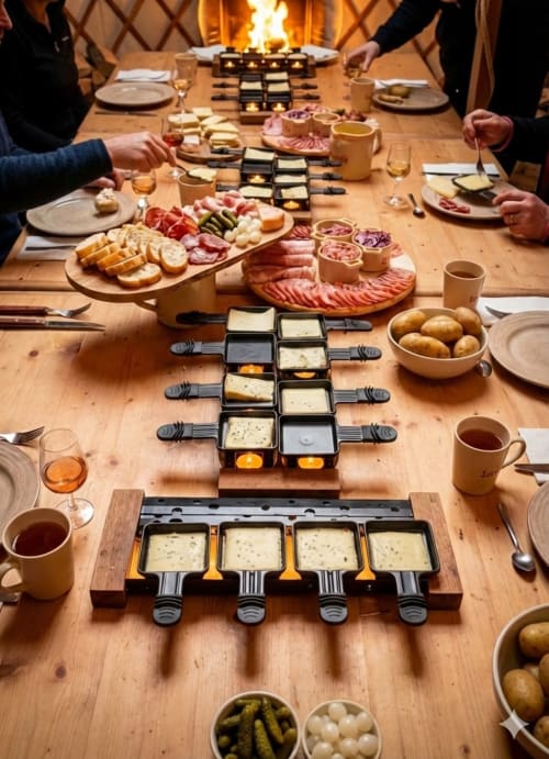 Soirée raclette à La Yourte Un Autre Monde au Hohwald avec fromage fondu, charcuterie et foyer de table.
