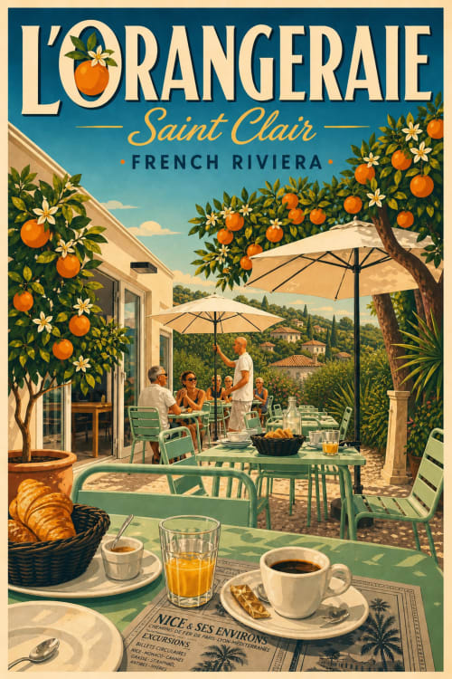 Terrasse de l'Orangeraie à Saint-Clair, Côte d'Azur, avec orangers, chaises vertes et vue méditerranéenne